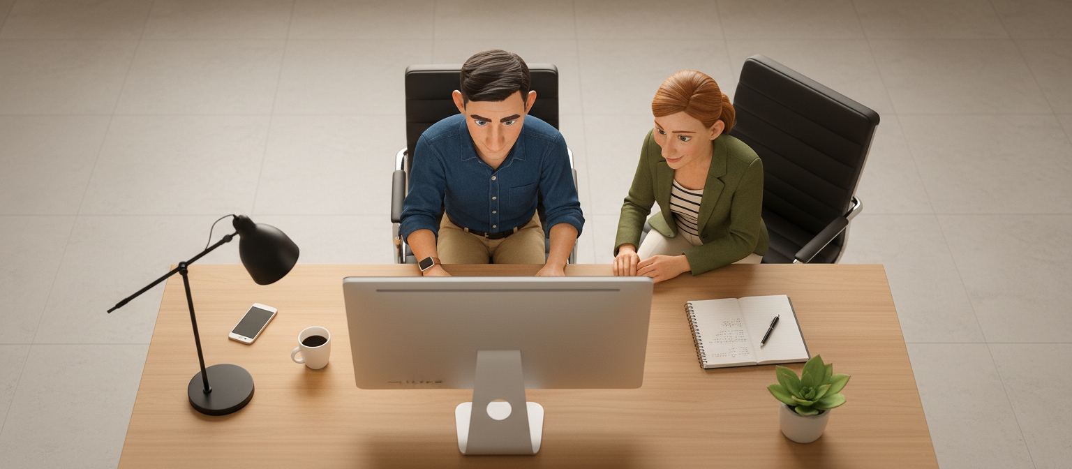 Tim und Anna arbeiten an einem Schreibtisch