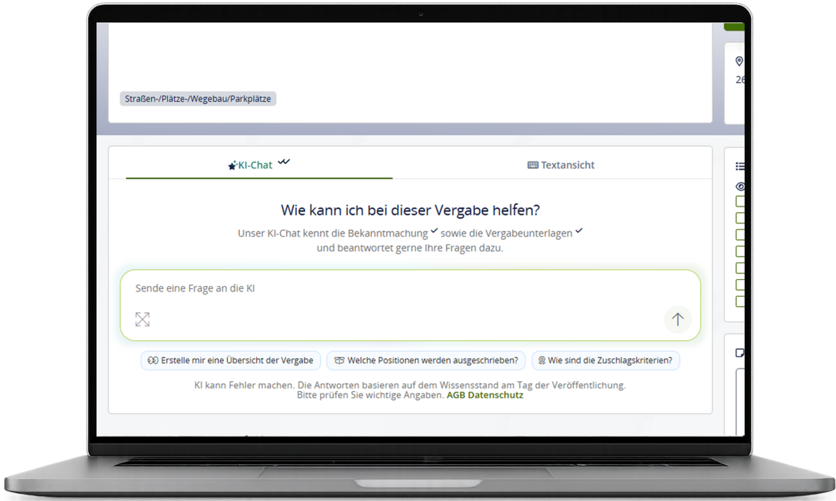 Notebook mit geöffnetem KI-Chat für Vergabeunterlagen