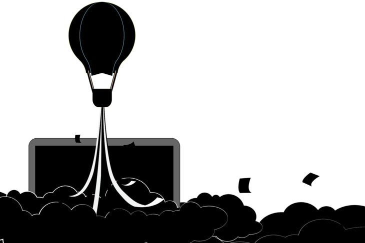 Ein Ballon steigt aus einem Laptop auf. Die Illustration ist in Grüntönen gehalten.