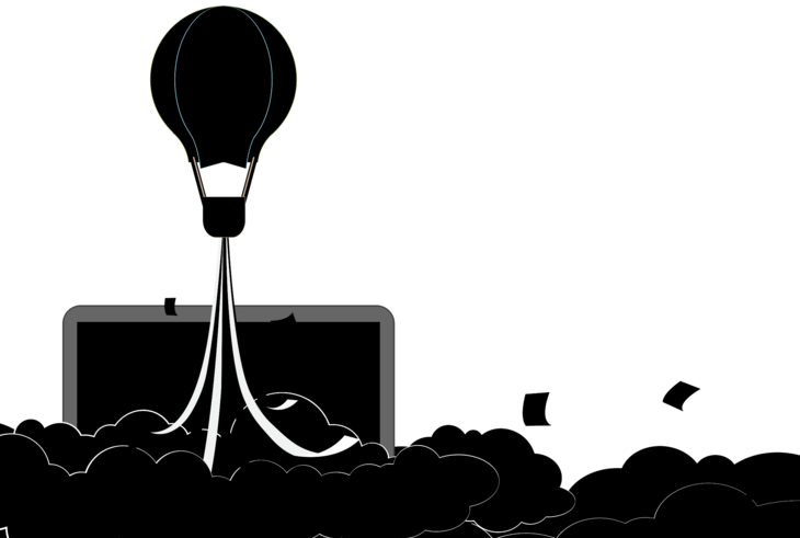 Ein Ballon steigt aus einem Laptop auf. Die Illustration ist in Grüntönen gehalten.