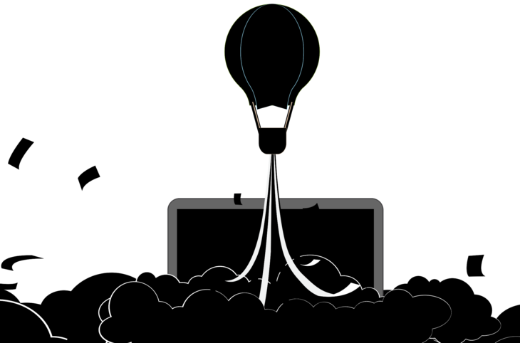 Ein Ballon steigt aus einem Laptop auf. Die Illustration ist in Grüntönen gehalten.