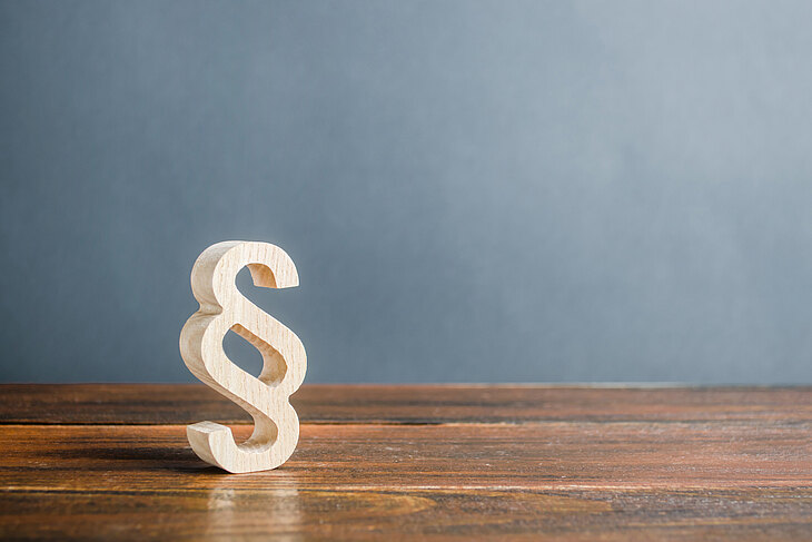 Ein hölzernes Paragraphenzeichen steht auf einem Holztisch vor einer grauen Wand