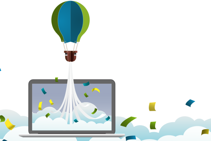 Ein Ballon steigt aus einem Laptop auf. Die Illustration ist in Grüntönen gehalten.