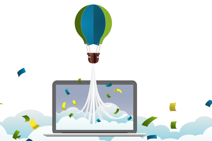 Ein Ballon steigt aus einem Laptop auf. Die Illustration ist in Grüntönen gehalten.