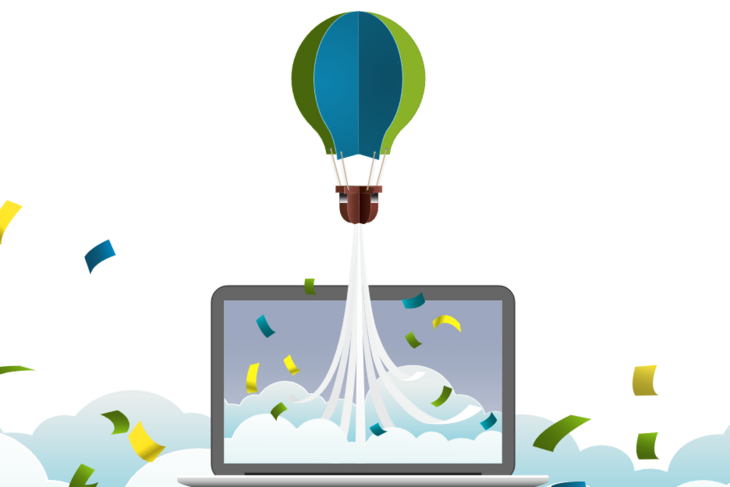 Ein Ballon steigt aus einem Laptop auf. Die Illustration ist in Grüntönen gehalten.