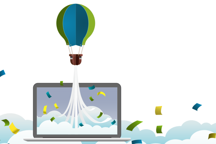 Ein Ballon steigt aus einem Laptop auf. Die Illustration ist in Grüntönen gehalten.